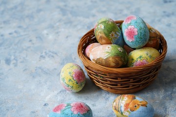 Easter eggs background, selective focus