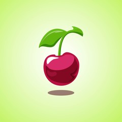 Red cherry icon isolated on green background. Vector illustration