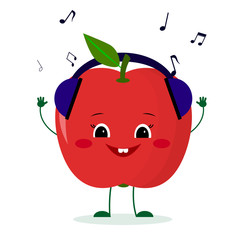 A cute red apple character in cartoon style listening to music on headphones. Logo, template, design. Vector illustration, a flat style