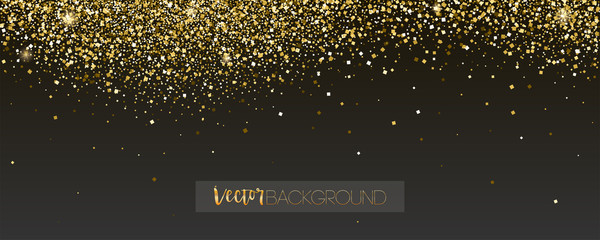 Abstract holiday background with glittering festive rain. Golden shining, sparkly dust falling of down. Glow in the dark. Vector template for banners, covers, leaflets