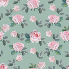 Flower seamless pattern with pink rose on green background -vector
