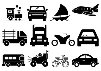 solid icons set, transportation, Airplane, Car, Truck, Bus, Train, Bicycle,Car front,Motorcycle,Pickup truck,Boat,vector illustrations