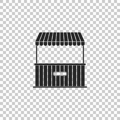 Street stall with awning and wooden rack icon isolated on transparent background. Kiosk with wooden rack. Flat design. Vector Illustration