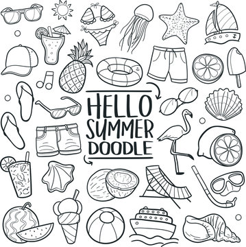 Hello Summer Vacation Traditional Doodle Icons Sketch Hand Made Design Vector