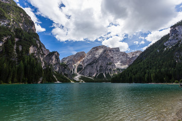 Naklejka na ściany i meble Beautiful view of Lago di Braies Lake or Pragser Wildsee in Dolomite , Italy