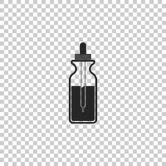 Glass bottle with a pipette. Vial with a pipette inside and closed lid icon isolated on transparent background. Container for medical and cosmetic product. Flat design. Vector Illustration