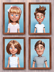 3D rendering of four cartoon family portraits on the wall.