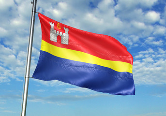 Kaliningrad Oblast region of Russia flag waving sky background 3D illustration