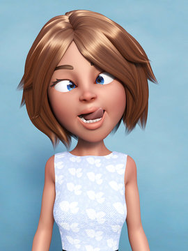 3D rendering of a cartoon woman doing a silly face.