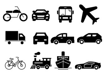Fototapeta premium solid icons set, transportation, Airplane, Car, Truck, Bus, Train, Bicycle,Car front,Motorcycle,Pickup truck,Boat,vector illustrations