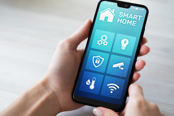 Smart home control application on mobile phone screen. Automation and iot concept.