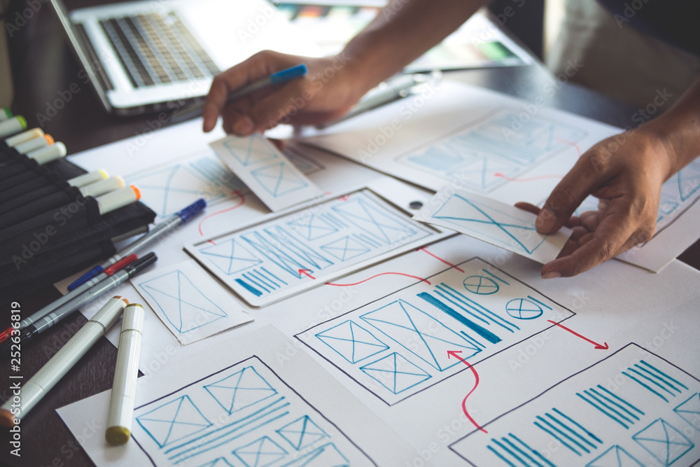 Poster ux graphic designer creative sketch planning application process development prototype wireframe for