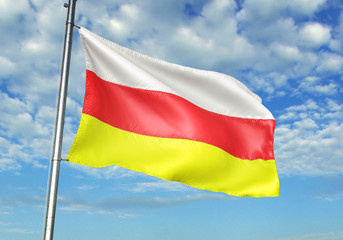 North Ossetia region of Russia flag waving sky background 3D illustration