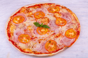 Onions, tomatoes and chicken breast pizza