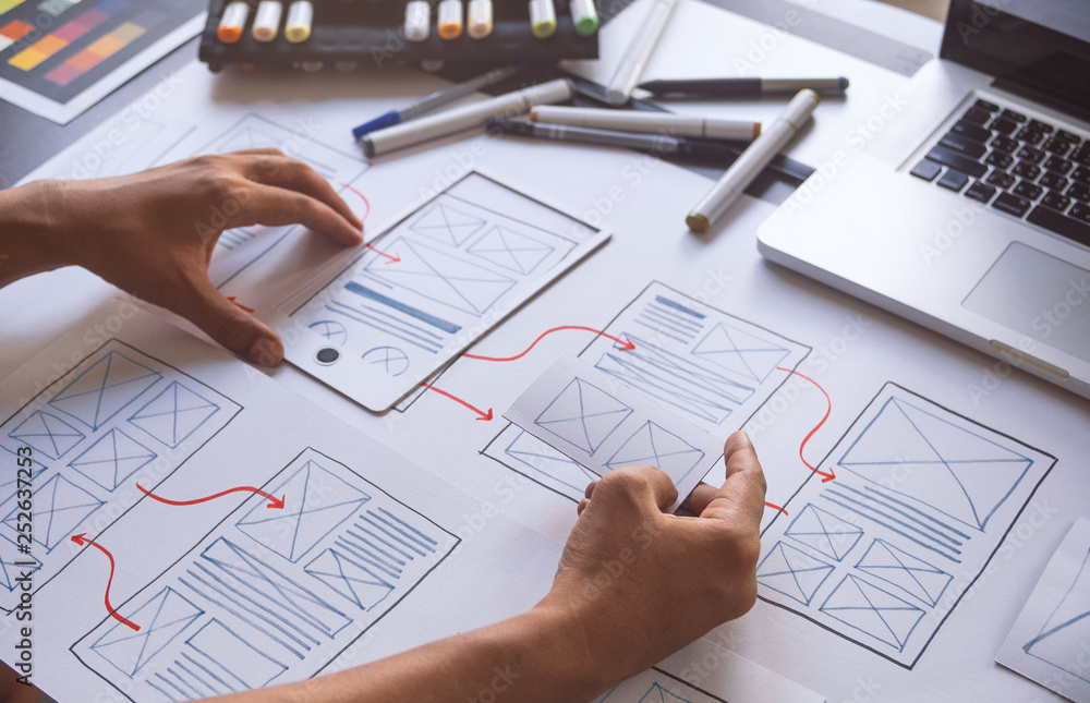Poster ux graphic designer creative sketch planning application process development prototype wireframe for
