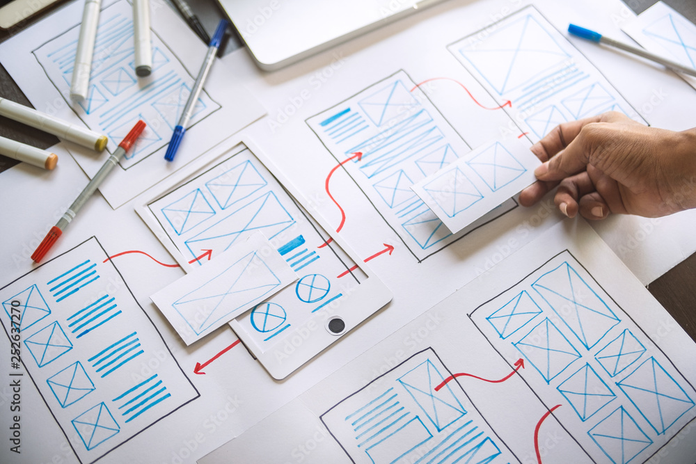 Poster ux graphic designer creative sketch planning application process development prototype wireframe for