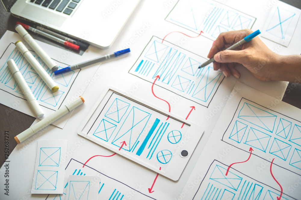 Poster ux graphic designer creative sketch planning application process development prototype wireframe for