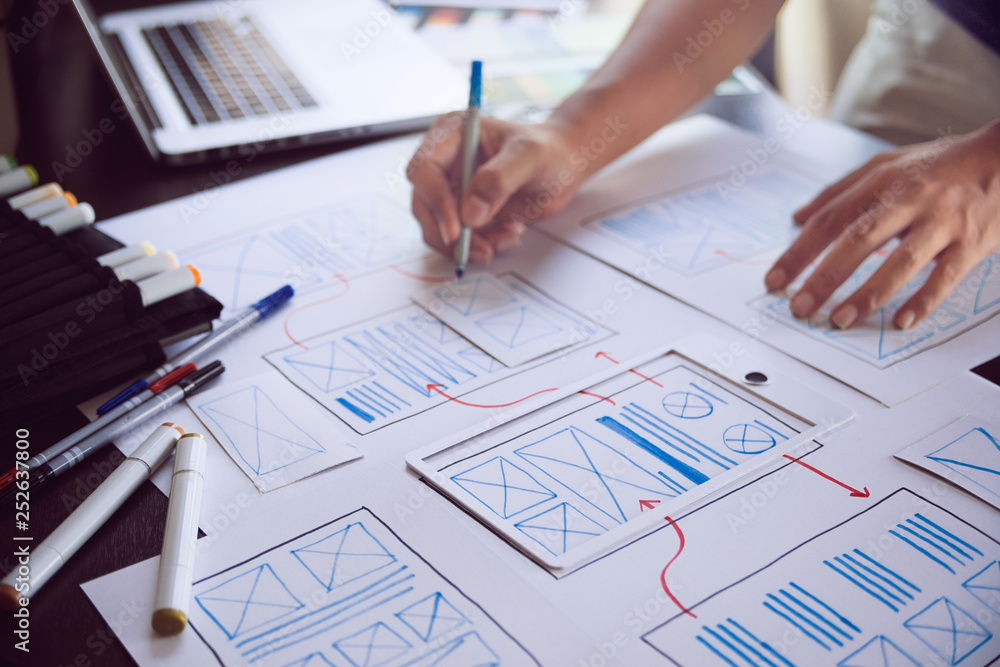 Poster ux graphic designer creative sketch planning application process development prototype wireframe for