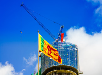 View on cityscape of Colombo with flag of Sri Lanka