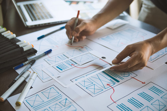 ux Graphic designer creative  sketch planning application process development prototype wireframe for web mobile phone . User experience concept.