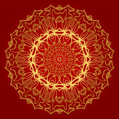 Hand-Drawn Henna Ethnic Mandala. Circle Lace Ornament. Vector Illustration. For Coloring Book, Greeting Card, Invitation, Tattoo. Anti-Stress Therapy Pattern. Red, gold color