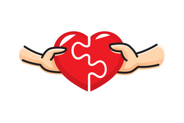 Man and woman put the red heart puzzle together. Love and relationship. Concept of Valentine's day. Vector illustration