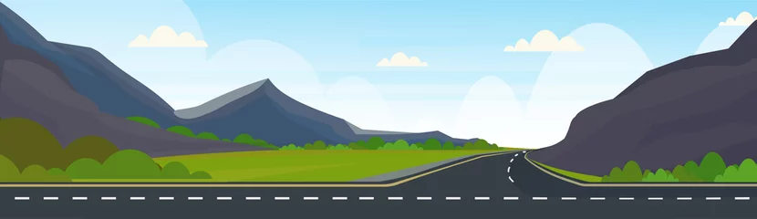 Zelfklevend Fotobehang asfalt snelweg weg en prachtige bergen natuurlijke landschap achtergrond horizontale banner plat © mast3r