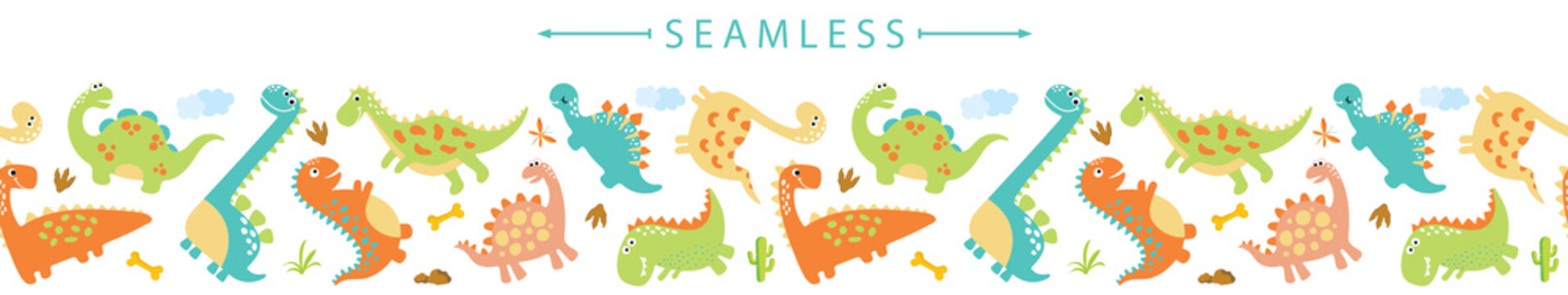 Cute Dino Vector Horizontal Seamless Border