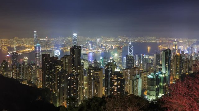 Night aerial view of the Hong Kong skyline with Victoria harbor