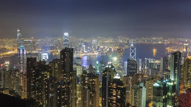 Night aerial view of the Hong Kong skyline with Victoria harbor