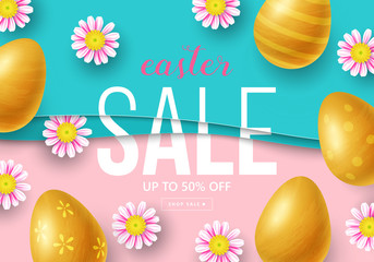 Easter holiday sale banner design with realistic spring  flowers and golden easter eggs