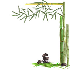 Fototapeta na wymiar Watercolor frame with bamboo branches, castings and stones on a white background. For design of cards, business cards, invitations and decorations.