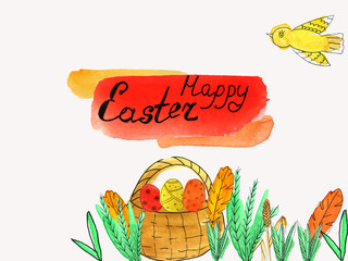 Easter card with the inscription  with a bird, a basket with eggs on the grass and flowers. watercolor doodling card, a great option for the design of cards, invitations and greetings