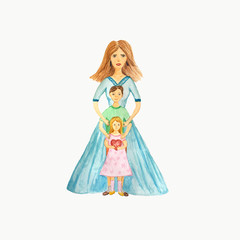 Fototapeta premium mother and children. watercolor illustration with the characters mom and her children - son and daughter, who stand next to each other