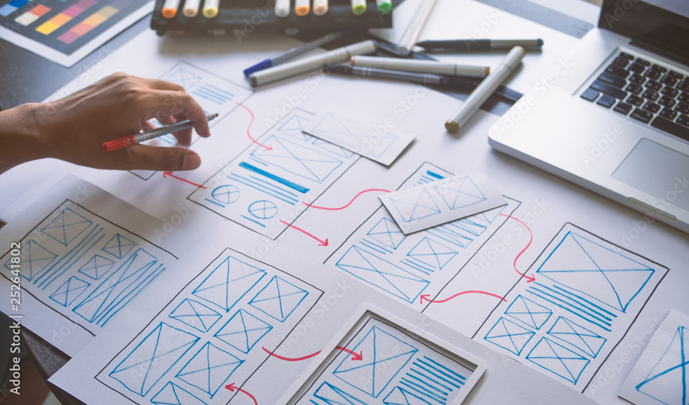 Poster ux graphic designer creative sketch planning application process development prototype wireframe for
