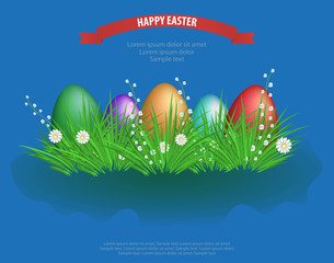 Colorful Easter eggs in green grass with flowers on blue background. Decorative element for design. Vector