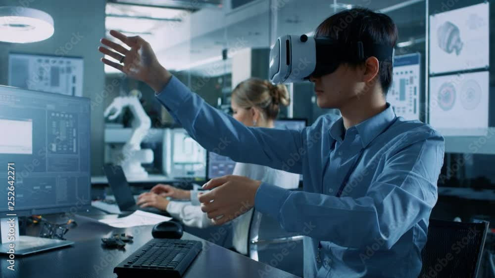 Poster computer science engineer wearing virtual reality headset works with 3d modeling, makes gestures. in