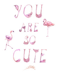 Alphabet Pink Flamingo Cute Romantic Letters. Wedding collection, greeting card text on transparent background. Poster