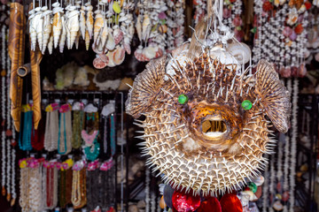 scarecrow balloon fish sale at street gift shop. Close-up. Copy space © alexey_arz