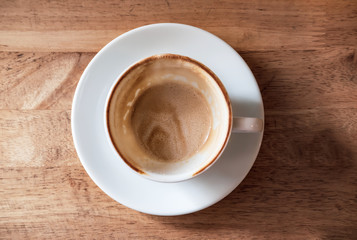 Empty cup of coffee on wooden table, Top view