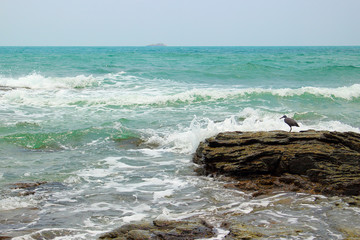 Fototapeta na wymiar Seascape on the island of Samet, Thailand. Waves breaking on the rocks on the shore