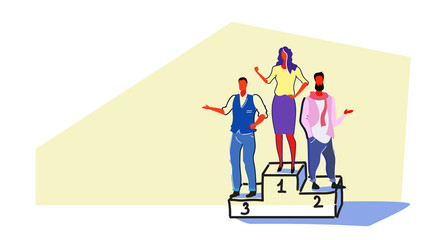 happy business people standing winners podium successful businesswoman first place corporate success victory concept full length colorful sketch doodle horizontal