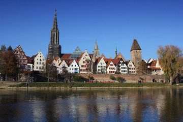 Fototapeta premium Ancient Ulm old city wall autumn season, Germany, Lutheran minster Baden-Württemberg, Highest christian church, Travel destination advertisement backgrounds