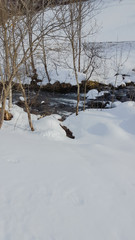fließender Fluss in einer verschneiten Landschaft