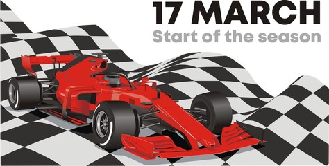 Racing car on the finish flag. Start of the racing season.