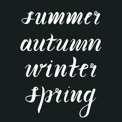 Seasons lettering. Summer, spring, winter, autumn hand writting words isolated on black. Black and white. Calligraphy phrase. Vector illustration