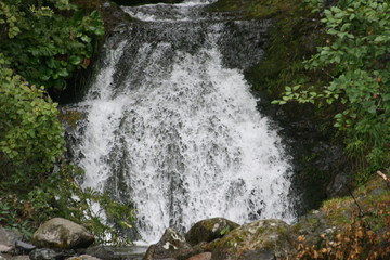 Naklejka premium waterfall, water, nature, river, cascade, landscape, forest, stream, falls, green, rock, mountain, flow, fall, creek, stone, natural, rocks, summer, scenic, beautiful, travel, environment, park, sprin