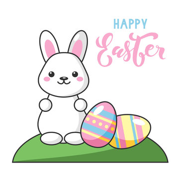 Little cute kawaii Easter bunny with easter eggs. Happy Easter lettering. Beautiful Kawaii vector illustration for greeting card/poster.