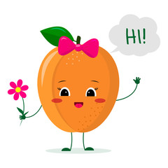 Cute ripe apricot cartoon character with a pink bow holding a flower and welcomes. Logo, template, design. Vector illustration, a flat style