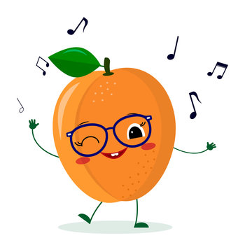 Cute ripe apricot cartoon character in glasses dances to music. Logo, template, design. Vector illustration, a flat style